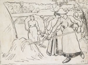 Estudo composicional de colheitadeiras em uma paisagem, c1893 de Camille Pissarro