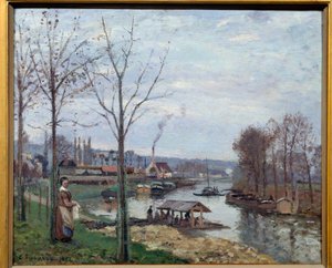 Port Marly (Port-Marly), a vista de um lavadouro no Sena. Pintura de Camille Pissarro (1830-1903) 1872 Sol. 0,46x0,56 m Paris, musee d