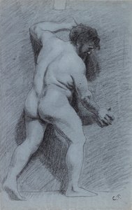Estudo de um nu masculino posado contra uma parede visto de perfil à direita, 1856-1860 de Camille Pissarro