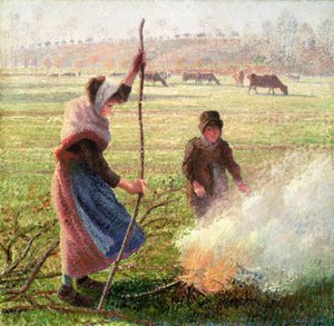 White Frost, mulher quebrando madeira de Camille Jacob Pissarro