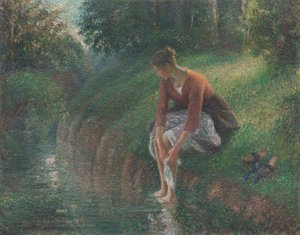 Mulher a banhar os pés num riacho de Camille Pissarro