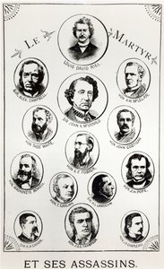 Louis Riel (1844-85) e seus assassinos, ilustração de Le Gibet de Regina, publicado em 1886