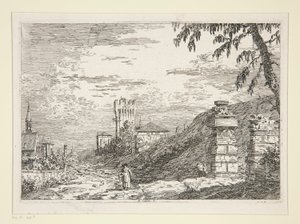 Paisagem com Torre e Dois Pilares Arruinados, da série Vedute (Vistas) de Canaletto (Giovanni Antonio Canal)