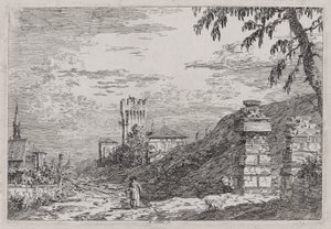 Paisagem com Torre e Dois Pilares Arruinados, da série Vedute (Vistas) de Canaletto (Giovanni Antonio Canal)