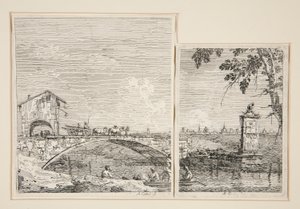 A carroça que passa sobre uma ponte [e] O pequeno monumento (debaixo de uma árvore), da série Vedute (Vistas)