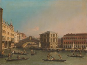 O Grande Canal com a Ponte Rialto e o Fondaco dei Tedeschi de Canaletto (workshop of)