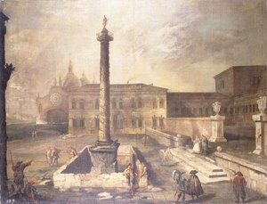 Um capricho de uma praça em frente a um palácio com a coluna de Marco Aurélio, de Giovanni Antonio Canal