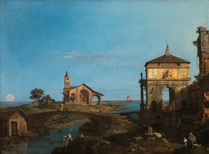 Uma ilha na lagoa com um portal e uma igreja de Canaletto