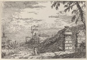 Paisagem com torre e dois pilares em ruínas, c. 17351746. de Canaletto