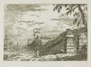 Paisagem com torre e dois pilares em ruínas, de Vedute de Canaletto