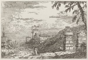 Paisagem com torre e dois pilares em ruínas [esquerda], c. 17351746. de Canaletto