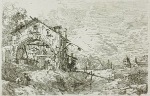 Paisagem com uma mulher em um poço, de Vedute de Canaletto