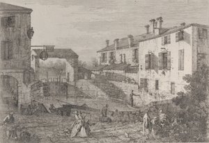 Le porte del Dolo: a bacia oval das eclusas de Dolo, com uma barca ancorada no cais..., 1735-46. de Canaletto