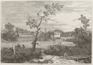 Vista de uma cidade na margem do rio de Canaletto