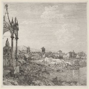 Vista de uma cidade com o túmulo de um bispo, c. 1740. de Canaletto