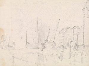Esboço de Barcos à Vela e Stilt Cottages, Hastings de Capt. Thomas Hastings