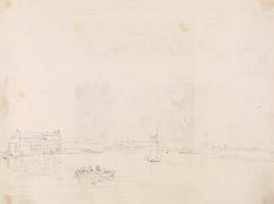 Esboço de Barcos e de um Grande Edifício, do outro lado do rio Medina de Capt. Thomas Hastings