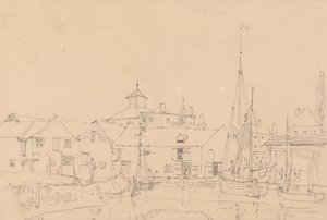 Esboço de Barcos à Vela Ancorados junto a uma Aldeia de Capt. Thomas Hastings