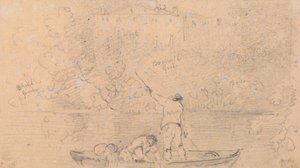Esboço de Dois Homens num Barco e uma Casa na Costa de Capt. Thomas Hastings