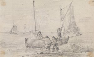 Esboço de um grupo que prepara as velas perto da costa, Hastings de Capt. Thomas Hastings