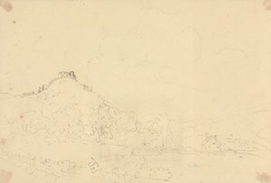 Esboço de um Castelo no topo de uma colina com casas em baixo de Capt. Thomas Hastings