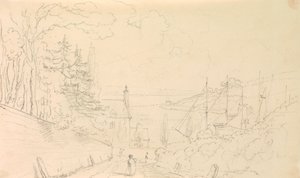 Esboço de uma estrada que desce até à costa com navios em calado de Capt. Thomas Hastings