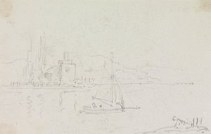 Esboço de um barco à vela e de um edifício em terra de Capt. Thomas Hastings