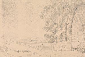 Esboço de um edifício de colmo e de um rio além de Capt. Thomas Hastings