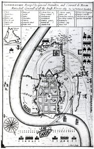 Londonderry Beseiged pelo general Hamilton e Conrad de Rosen, gravado por J. Sturt, 1689 de Captain Archibald Maculloch