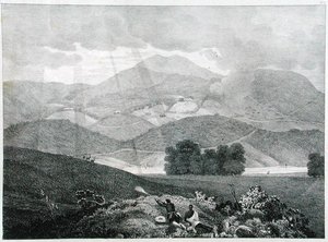 Vista da parte do lago e casas de campo em Ottacamund, montanhas de Neelgherry, placa 3 de vista sobre os Neilgherries de Captain E. A. after McCurdy