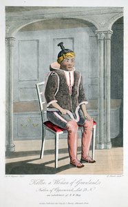 Kallie, uma mulher da Groenlândia, nativa de Oppernivick, ilustração de "A Voyage of discovery ...", 1819 (gravura colorida à mão) de Captain Hoppner