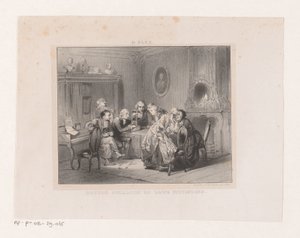 Joseph-Ignace Guillotin olha para uma miniatura de uma guilhotina Doutor Guillotin e sua invenção (título no objeto)