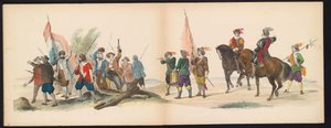 Máscara dos Estudantes de Leiden, 1850 (ilustração 12) Intogt por Frederik Hendrik no Hertogenbosch de 1629: representação fantasiada de H.H. alunos da Leydsche Hoogeschool den XI Junij do ano de 1850 (título da série no objeto) de Carel Christiaan Antony Last