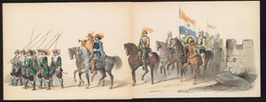 Máscara dos Estudantes de Leiden, 1850 (ilustração 13) Intogt por Frederik Hendrik no Hertogenbosch de 1629: representação fantasiada de H.H. alunos da Leydsche Hoogeschool den XI Junij do ano de 1850 (título da série no objeto) de Carel Christiaan Antony Last