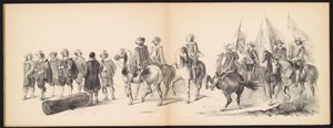 Máscara dos Estudantes de Leiden, 1850 (placa 9) Intogt por Frederik Hendrik no Hertogenbosch de 1629: representação fantasiada de H.H. alunos da Leydsche Hoogeschool den XI Junij do ano de 1850 (título da série no objeto)