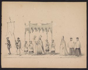 Mascarada dos estudantes de Utrecht, 1846 (placa 10)
Ilustração do desfile com trajes, retratando o in-tour de Philips II, Príncipe de Espanha, em Utrecht, a 3 de Outubro de 1549, realizado a 17 de Junho de 1846, por S. H. Estudantes de Utrecht de Carel Christiaan Antony Last