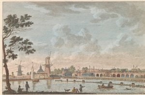 Gezicht op de Hogesluis, c. 1790 Hooge Amstel Sluis te Amsterdam / Ponte alta, chamada hoog sluis - anteriormente chamada de Ponte dos Amantes, tirada do lado do amstel mais tarde em Amsterdã (título no objeto) de Carel Frederik Bendorp (I)