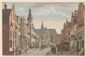 Langestraat em Alkmaar, cerca de 1790 Langestraat, Prefeitura e Grote Kerk em Alkmaar / Rue longue - Hotel de Ville - et grande Eglise à Alkmaar (título no objeto)