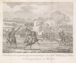 Príncipe Frederik é ferido em Wervik, 1793 Bataille de 13 de setembro de 1793, além do ferimento de H.D.H. Willem George Fredrik de Orange, ao lado de Werwick (título no objeto) de Carel Jacob de Huyser
