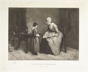 Mulher repreende uma garota por causa de uma lágrima em seu livro de imagens The Torn Picture Book (título no objeto) de Carel Lodewijk Dake