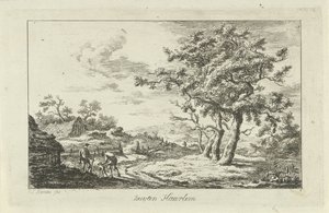Caçadores com um cachorro em uma trilha Buyten Haarlem (título no objeto) Paisagens (a-f) (título da série)