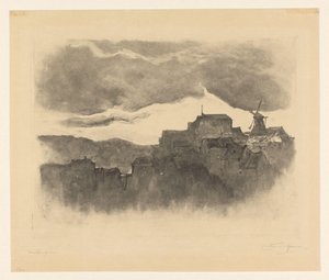Cidade com moinho numa colina de Carel Nicolaas Storm van 