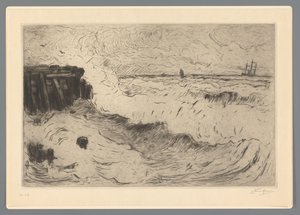 Mar bravo com um navio à vela num cais de Carel Nicolaas Storm van 