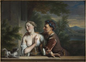A Man Trying to Embrace a Woman, de Carel (Charles) de Moor (1656-1738). Óleo sobre tela. Dimensão: 33,5x47 cm. Nationalmuseum Estocolmo