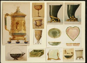 Seleção de designs, House of Carl Faberge (lápis e aquarela realçados com branco e dourado no cartão)