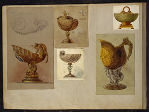 Seleção de designs, House of Carl Faberge (lápis e aquarela realçados com branco e dourado no cartão)
