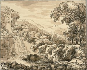 Paisagem de montanha com cascata e figuras