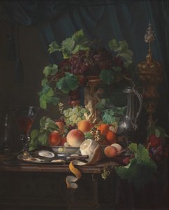 Arranjo com taças de vinho, ostras, limão e outras frutas de Carl Balsgaard