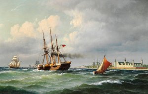 Dinamarquês: Paisagem marítima ao largo de Kronborg com numerosos navios e um barco-piloto Paisagem marítima ao largo de Kronborg com numerosos navios e um barco-piloto de Carl Bille