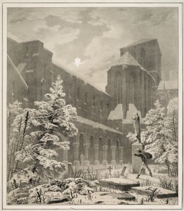 Igreja e cemitério na neve ao luar de Carl Blechen
